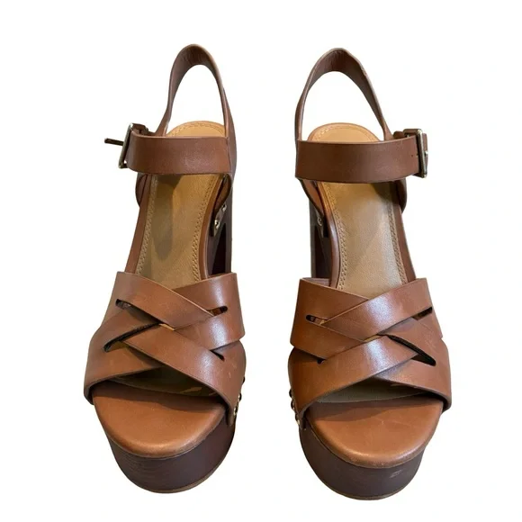 Gianni Bini Brown Leather Wood Platform Sandals, Sz 7 - Picture 4 of 13